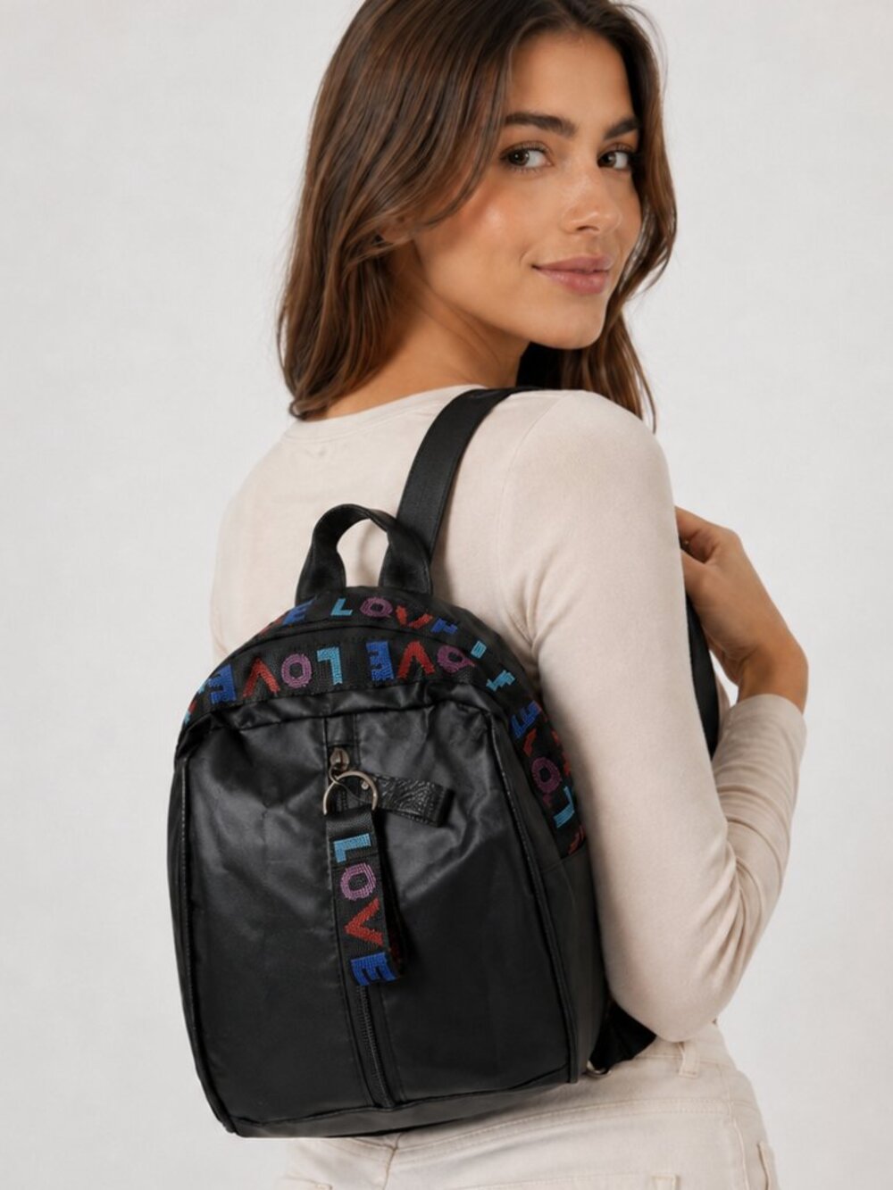 Black Mini Backpack LOVE Colorful Ribbon Oxford Fabric